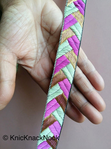 Purple / Fuchsia Pink, Green And Gold Embroidered Trim, Geometric Pattern